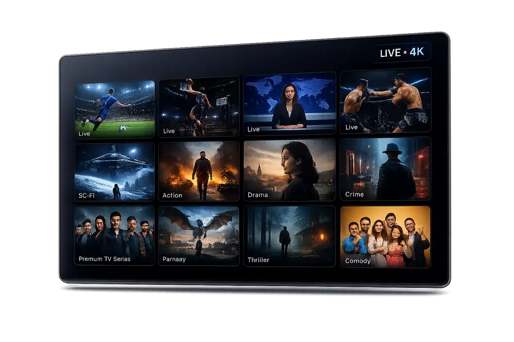 Watch live TV, sports, and movies in 4K with Lemo IPTV Lemo IPTV IPTV interface showing live sports, news, and 4K movie channels on a Smart TV